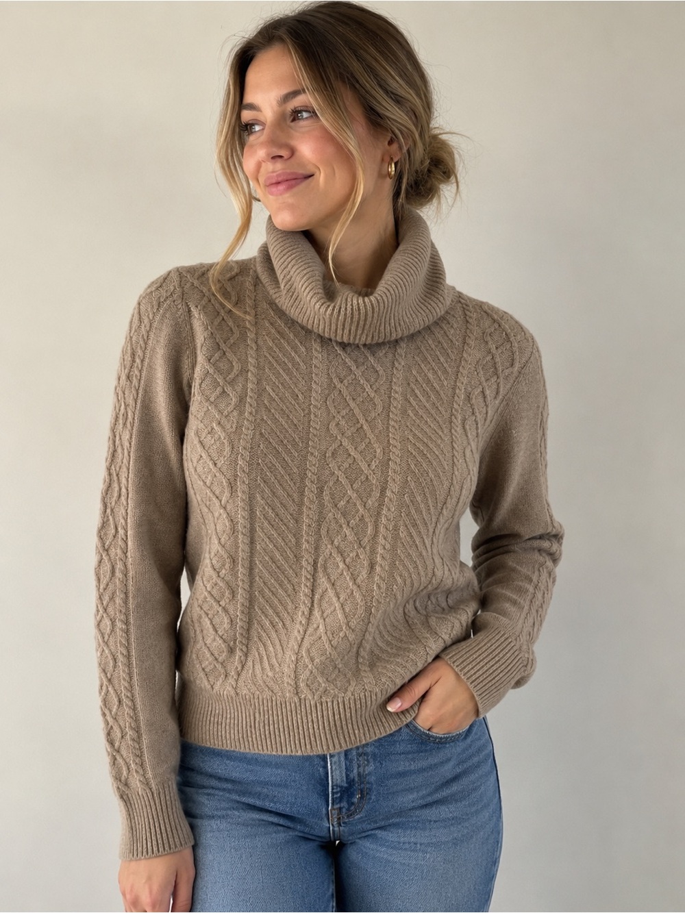 100% Superfine Merino Wool Cable Knit Turtleneck Sweater Taupe Brown